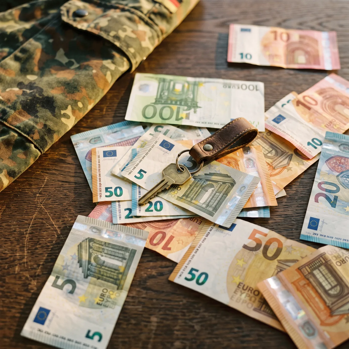 Symbolbild: Flecktarn-Feldjacke, Wohnungsschl&uuml;ssel und Bargeld. Sold als Kapital, Immobilie als Werkzeug